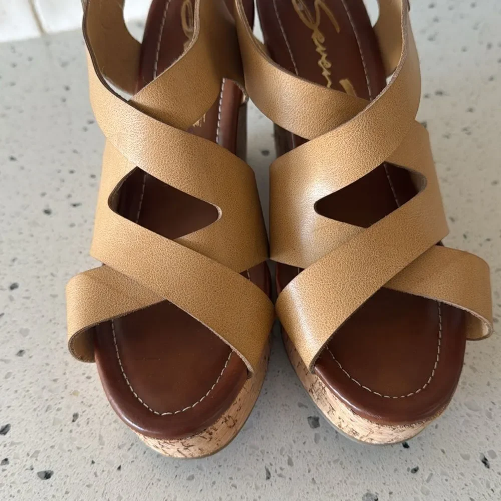 Seven7 Winnie Wedge Cork Natural Tan Vegan Leather Heeled Sandals Shoes size 9